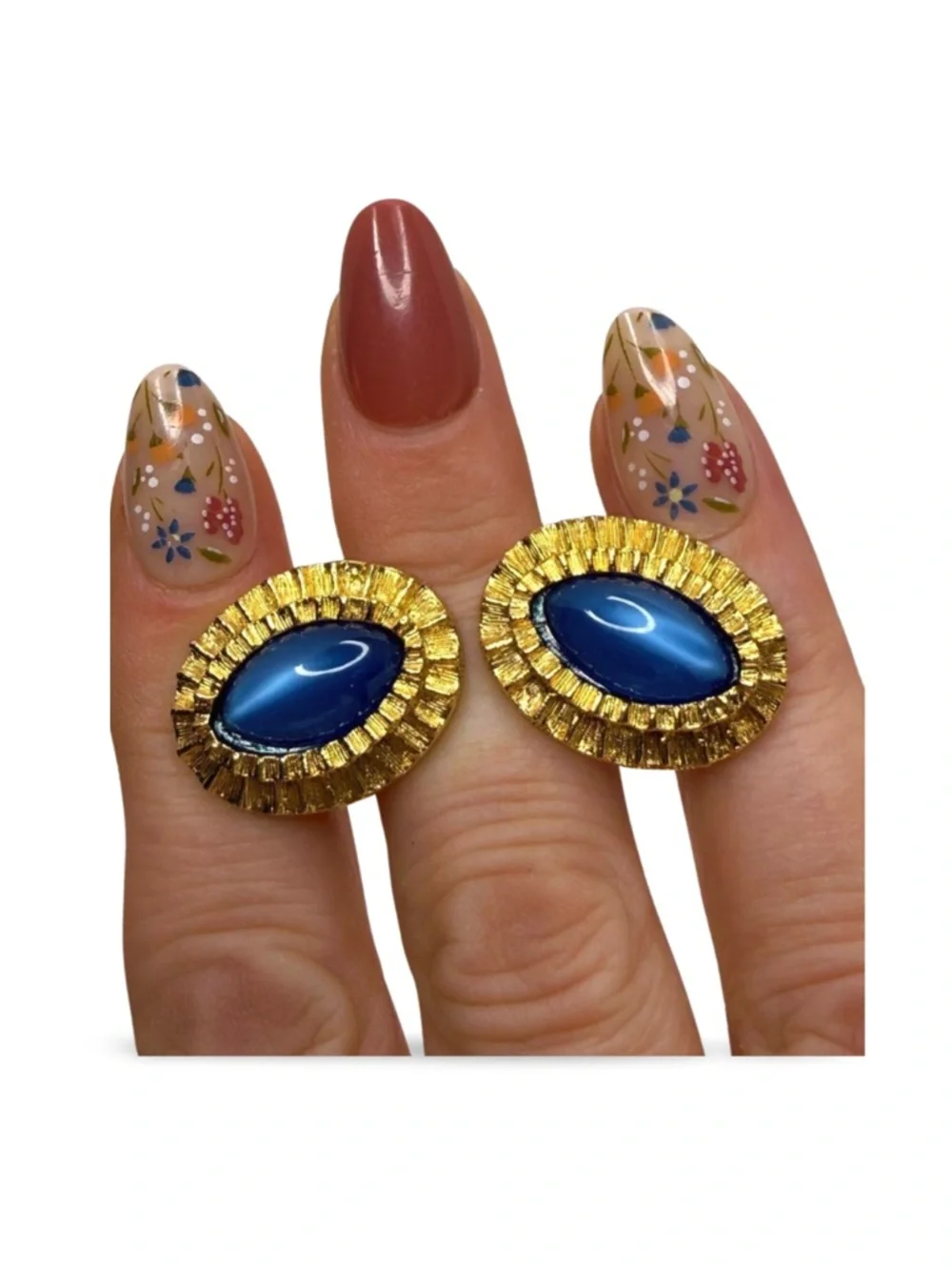 Vintage Gold Tone Blue Cabochon Cufflinks Textured Oval Statement